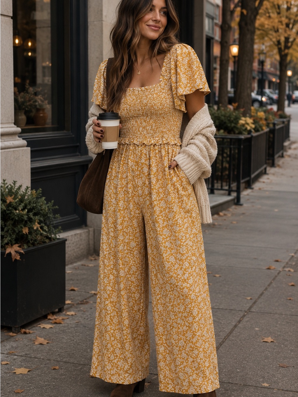 Smocked Bodice Wide-Leg Jumpsuit in Mustard Floral